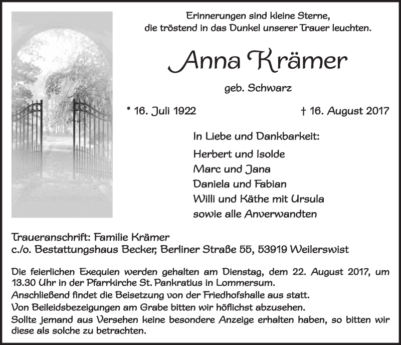  Traueranzeige für Anna Krämer vom 19.08.2017 aus  Blickpunkt Euskirchen 