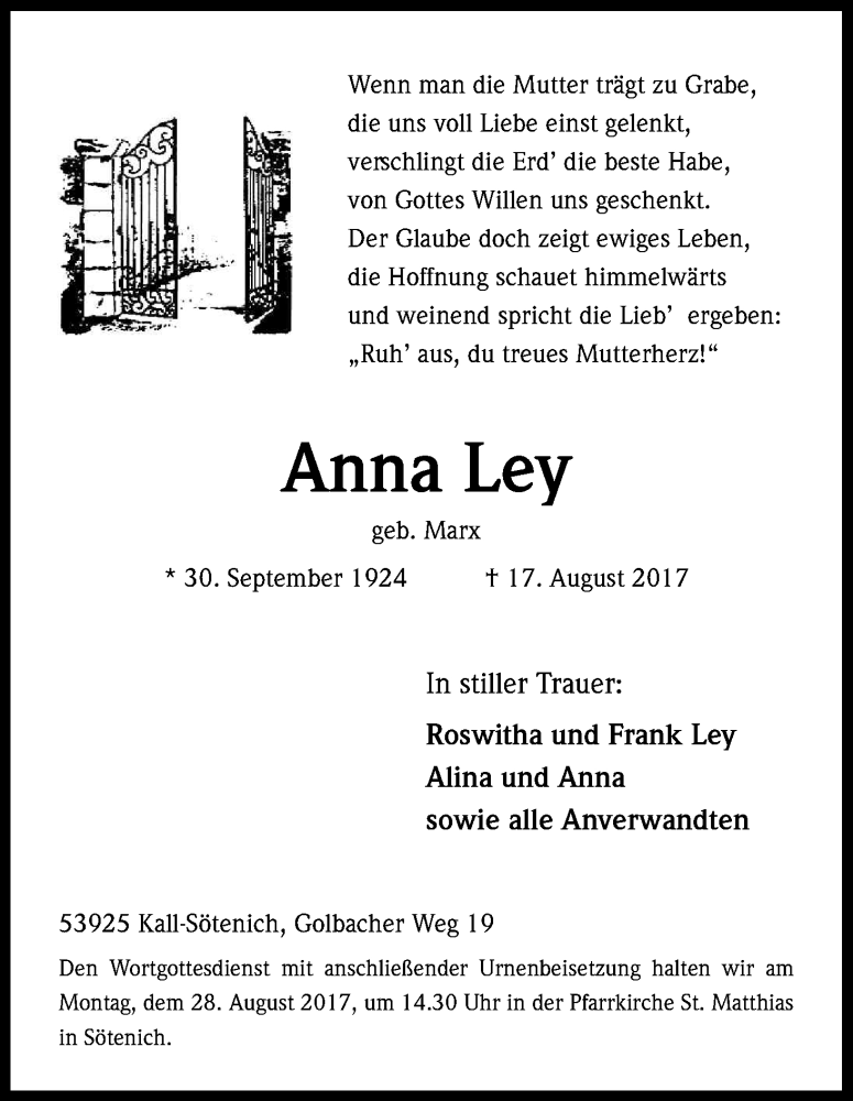 Traueranzeige für Anna Ley vom 23.08.2017 aus Kölner Stadt-Anzeiger / Kölnische Rundschau / Express