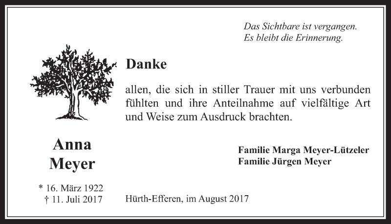  Traueranzeige für Anna Meyer vom 02.08.2017 aus  Wochenende 