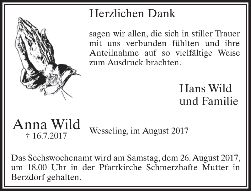  Traueranzeige für Anna Wild vom 09.08.2017 aus  Schlossbote/Werbekurier 