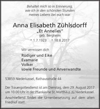 Anzeige von Anna Elisabeth Zühlsdorff von  Extra Blatt 