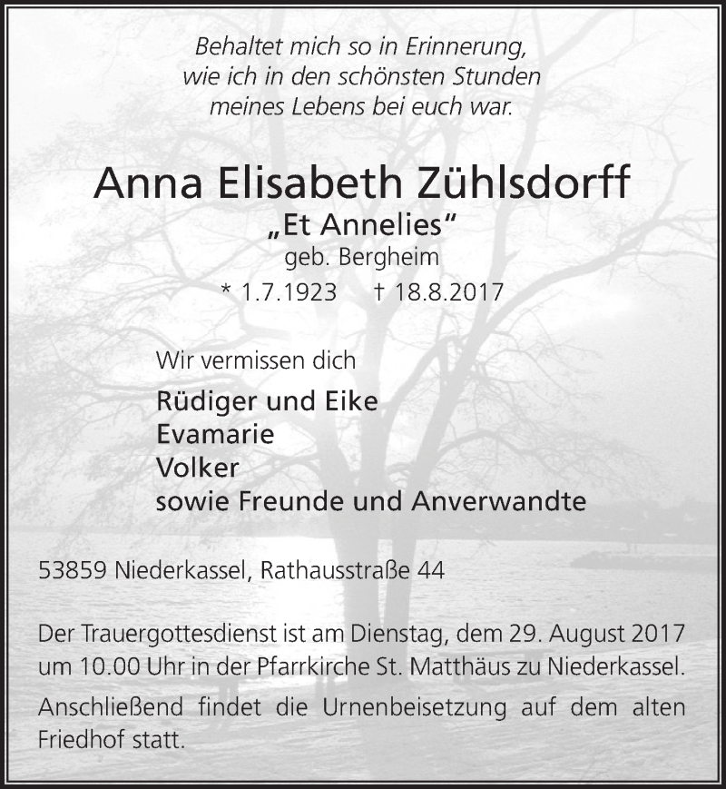  Traueranzeige für Anna Elisabeth Zühlsdorff vom 23.08.2017 aus  Extra Blatt 