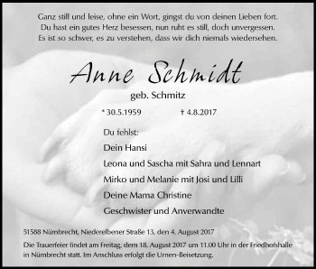 Anzeige von Anne Schmidt von Kölner Stadt-Anzeiger / Kölnische Rundschau / Express