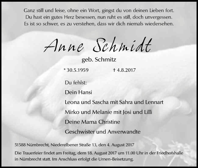  Traueranzeige für Anne Schmidt vom 15.08.2017 aus Kölner Stadt-Anzeiger / Kölnische Rundschau / Express