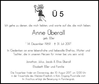 Anzeige von Anne Überall von Kölner Stadt-Anzeiger / Kölnische Rundschau / Express