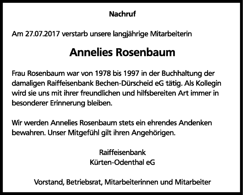  Traueranzeige für Annelies Rosenbaum vom 09.08.2017 aus Kölner Stadt-Anzeiger / Kölnische Rundschau / Express