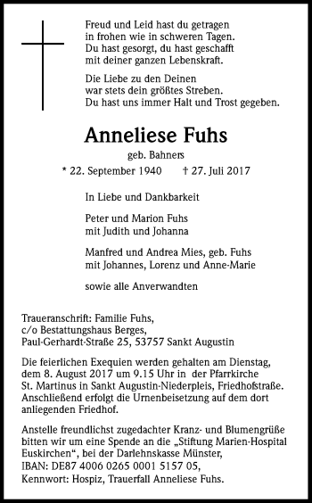 Anzeige von Anneliese Fuhs von Kölner Stadt-Anzeiger / Kölnische Rundschau / Express
