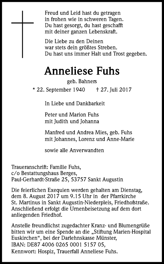  Traueranzeige für Anneliese Fuhs vom 02.08.2017 aus Kölner Stadt-Anzeiger / Kölnische Rundschau / Express