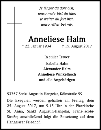 Anzeige von Anneliese Halm von Kölner Stadt-Anzeiger / Kölnische Rundschau / Express
