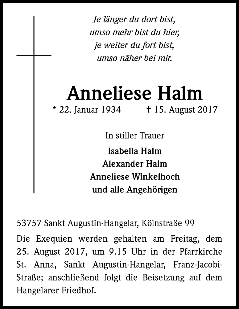  Traueranzeige für Anneliese Halm vom 19.08.2017 aus Kölner Stadt-Anzeiger / Kölnische Rundschau / Express