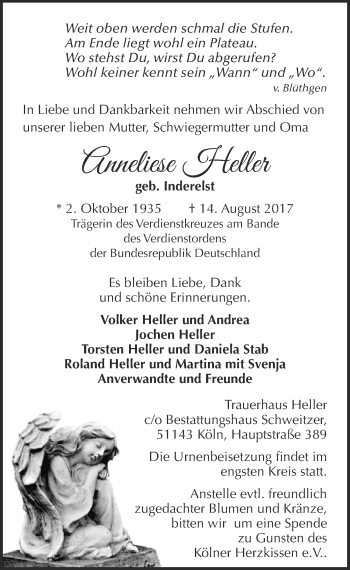 Anzeige von Anneliese Heller von  Kölner Wochenspiegel 