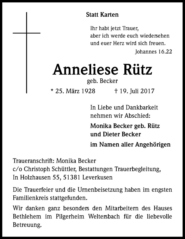  Traueranzeige für Anneliese Rütz vom 19.08.2017 aus Kölner Stadt-Anzeiger / Kölnische Rundschau / Express