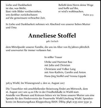 Anzeige von Anneliese Stoffel von Kölner Stadt-Anzeiger / Kölnische Rundschau / Express