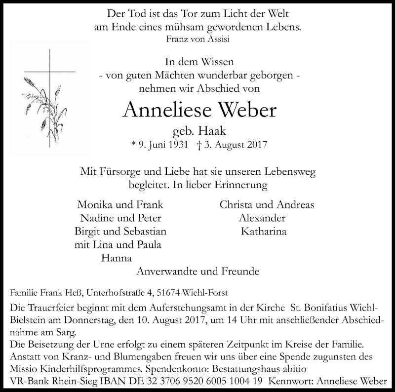  Traueranzeige für Anneliese Weber vom 08.08.2017 aus Kölner Stadt-Anzeiger / Kölnische Rundschau / Express