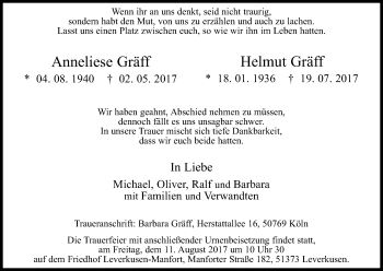 Anzeige von Anneliese und Helmut Gräff von Kölner Stadt-Anzeiger / Kölnische Rundschau / Express