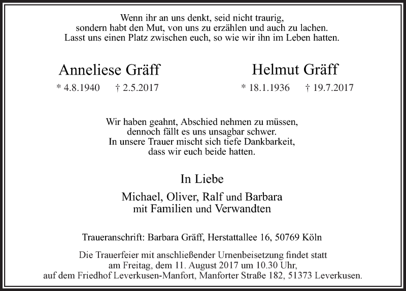  Traueranzeige für Anneliese und Helmut Gräff vom 05.08.2017 aus  Leverkusener Wochenende 
