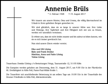 Anzeige von Annemie Brüls von Kölner Stadt-Anzeiger / Kölnische Rundschau / Express