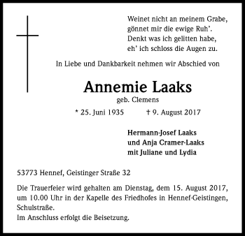 Anzeige von Annemie Laaks von Kölner Stadt-Anzeiger / Kölnische Rundschau / Express