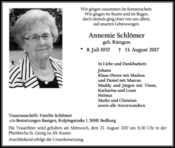 Anzeige von Annemie Schlömer von Kölner Stadt-Anzeiger / Kölnische Rundschau / Express