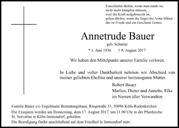Anzeige von Annetrude Bauer von  Kölner Wochenspiegel 