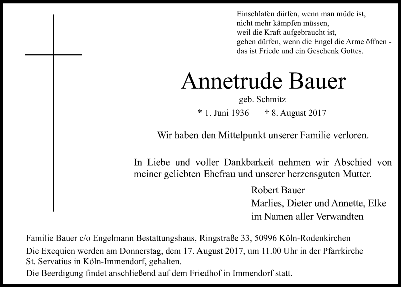  Traueranzeige für Annetrude Bauer vom 16.08.2017 aus  Kölner Wochenspiegel 