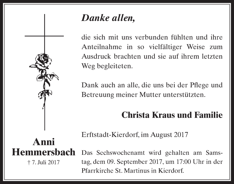  Traueranzeige für Anni Hemmersbach vom 30.08.2017 aus  Werbepost 