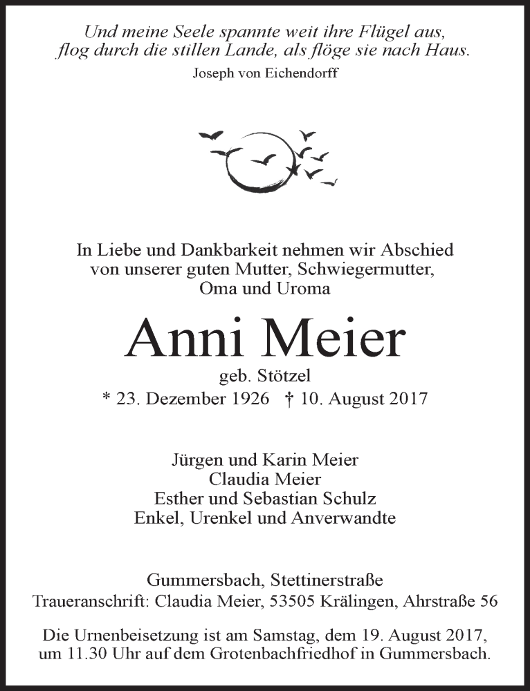  Traueranzeige für Anni Meier vom 16.08.2017 aus  Anzeigen Echo 