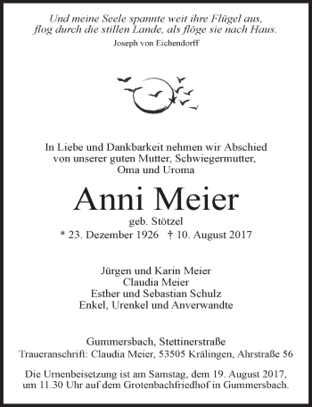 Anzeige von Anni Meier von  Anzeigen Echo 