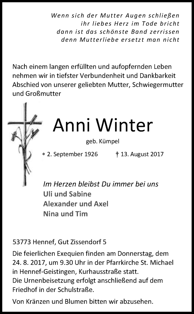  Traueranzeige für Anni Winter vom 16.08.2017 aus Kölner Stadt-Anzeiger / Kölnische Rundschau / Express