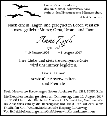 Anzeige von Anni Zych von  Kölner Wochenspiegel 