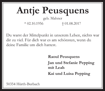Anzeige von Antje Peusquens von  Wochenende 