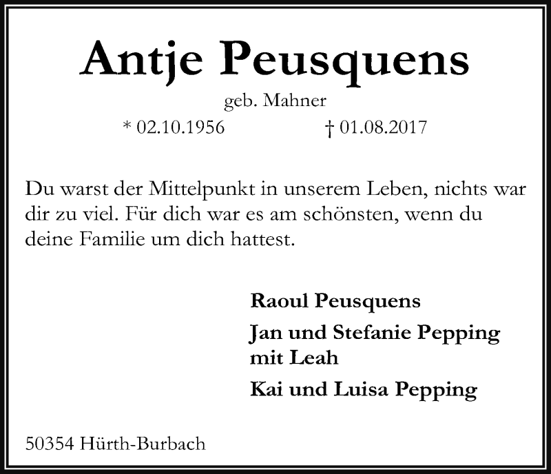  Traueranzeige für Antje Peusquens vom 12.08.2017 aus Kölner Stadt-Anzeiger / Kölnische Rundschau / Express