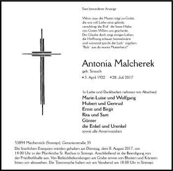 Anzeige von Antonia Malcherek von Kölner Stadt-Anzeiger / Kölnische Rundschau / Express