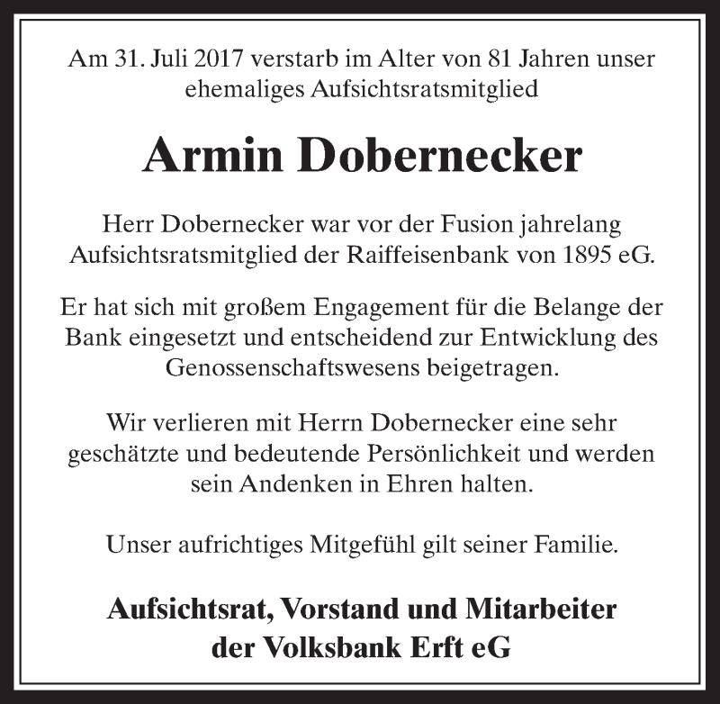  Traueranzeige für Armin Dobernecker vom 09.08.2017 aus  Wochenende 