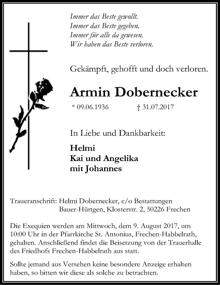  Traueranzeige für Armin Dobernecker vom 05.08.2017 aus Kölner Stadt-Anzeiger / Kölnische Rundschau / Express
