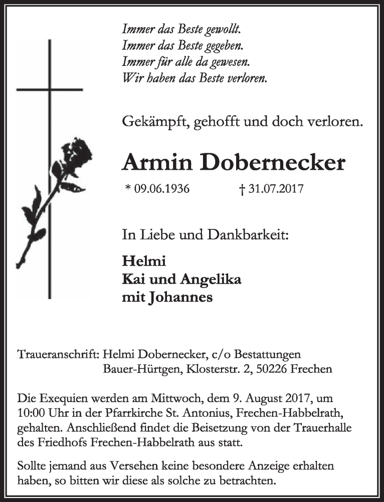  Traueranzeige für Armin Dobernecker vom 05.08.2017 aus  Sonntags-Post 
