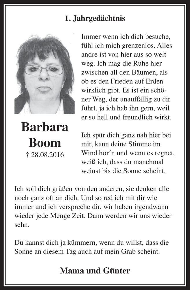  Traueranzeige für Barbara Boom vom 23.08.2017 aus  Werbepost 