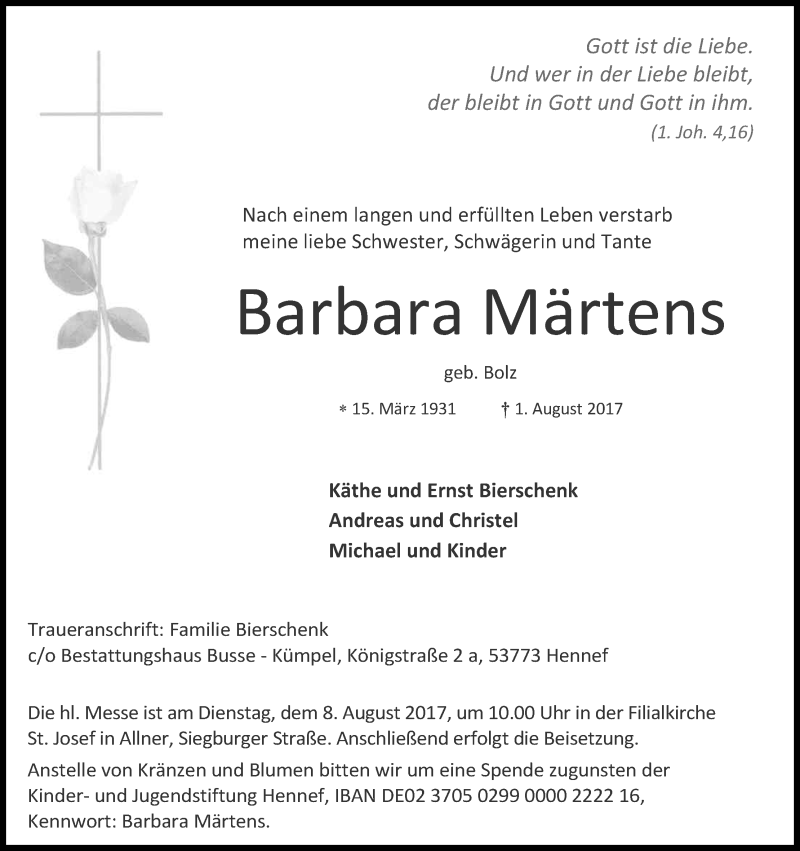  Traueranzeige für Barbara Märtens vom 04.08.2017 aus Kölner Stadt-Anzeiger / Kölnische Rundschau / Express