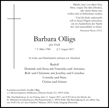 Anzeige von Barbara Olligs von Kölner Stadt-Anzeiger / Kölnische Rundschau / Express