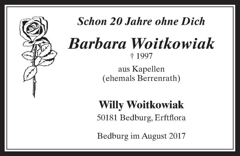  Traueranzeige für Barbara Woitkowiak vom 09.08.2017 aus  Werbepost 