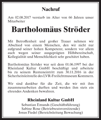 Anzeige von Bartholomäus Ströder von  Blickpunkt Euskirchen 