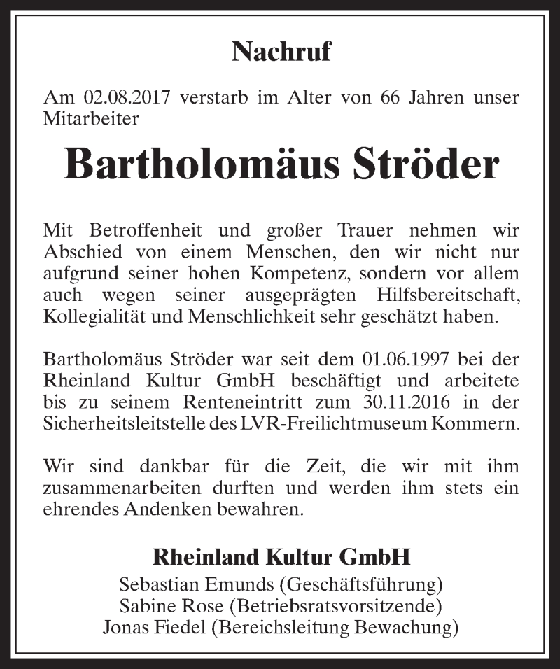  Traueranzeige für Bartholomäus Ströder vom 19.08.2017 aus  Blickpunkt Euskirchen 