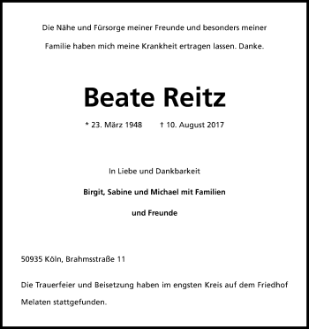 Anzeige von Beate Reitz von Kölner Stadt-Anzeiger / Kölnische Rundschau / Express