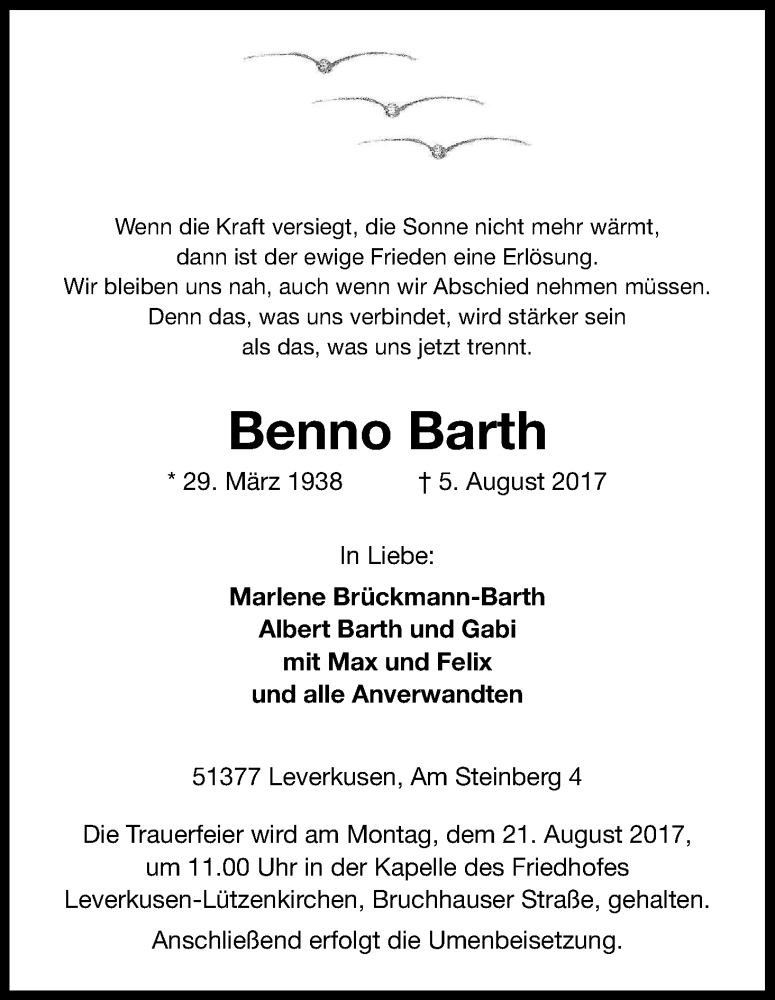  Traueranzeige für Benno Barth vom 16.08.2017 aus Kölner Stadt-Anzeiger / Kölnische Rundschau / Express