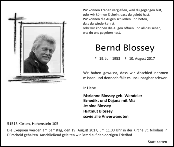 Anzeige von Bernd Blossey von Kölner Stadt-Anzeiger / Kölnische Rundschau / Express