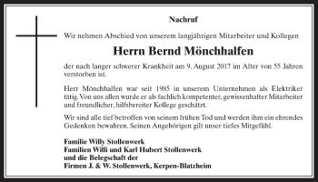 Anzeige von Bernd Mönchhalfen von  Sonntags-Post 