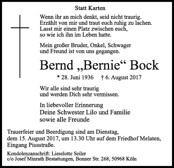 Anzeige von Bernd Bernie Bock von Kölner Stadt-Anzeiger / Kölnische Rundschau / Express