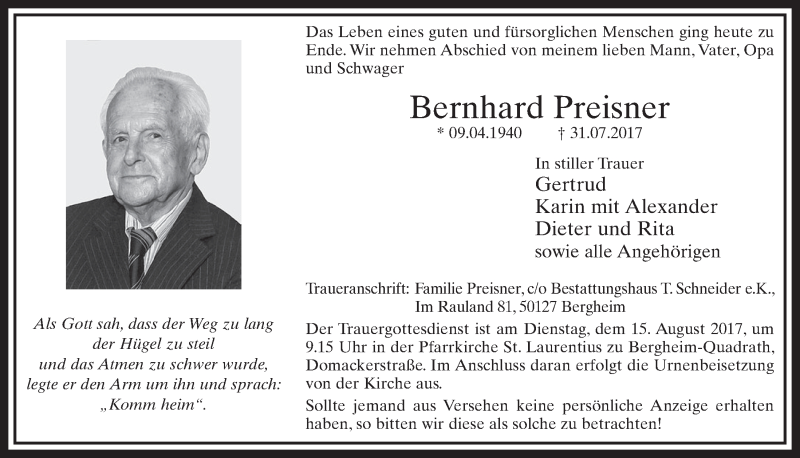  Traueranzeige für Bernhard Preisner vom 12.08.2017 aus  Sonntags-Post 