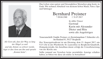 Anzeige von Bernhard Preisner von  Sonntags-Post 