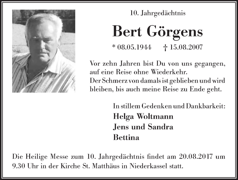  Traueranzeige für Bert Görgens vom 09.08.2017 aus  Extra Blatt 